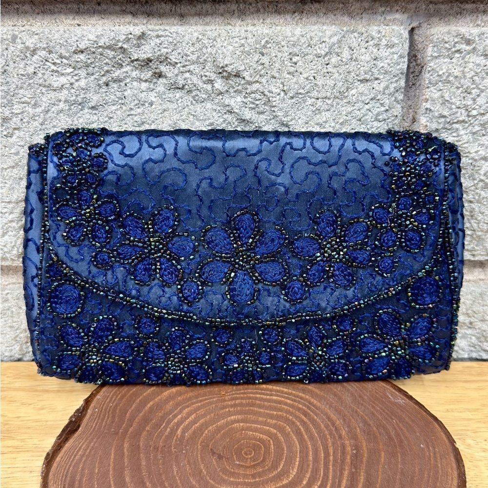 Antique Gorwood Elegant Blue Beaded Floral Hand Clutch made in France